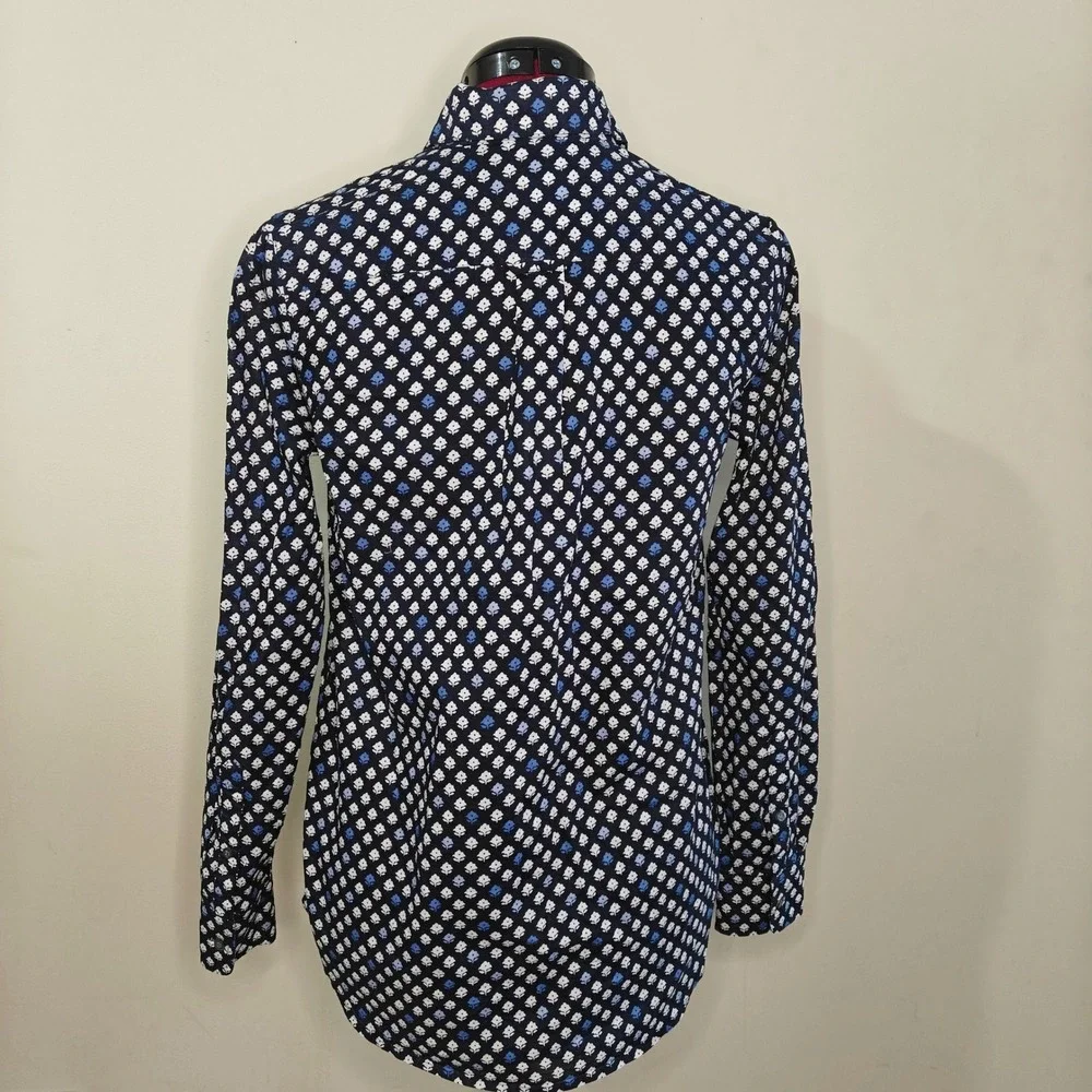 J.Crew Womens Floral Blouse Navy Blue 100% Cotton Popover Collared Shirt Size 0 - Picture 2 of 7